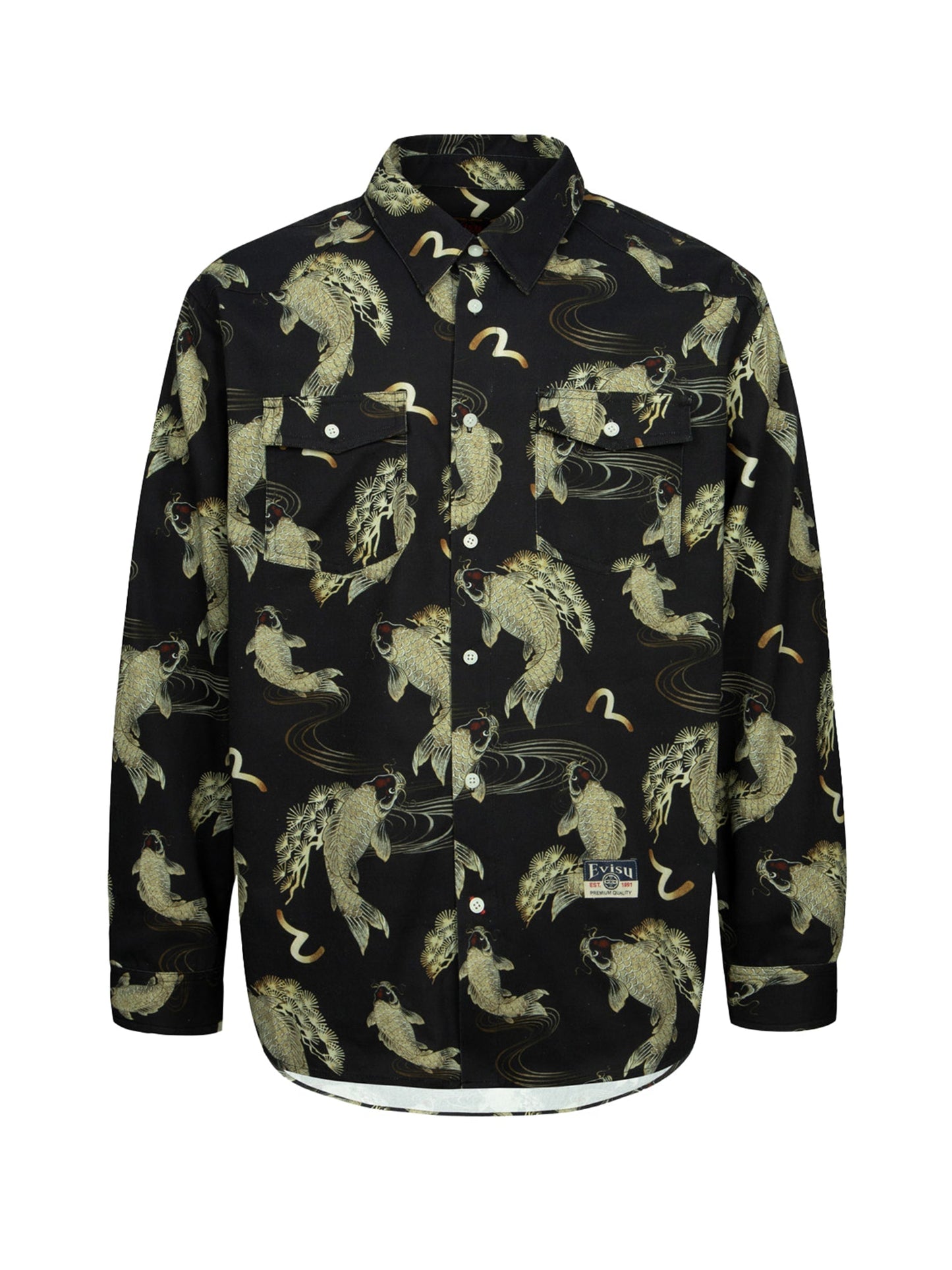 Allover Carp and Seagull Print Oversized Shirt