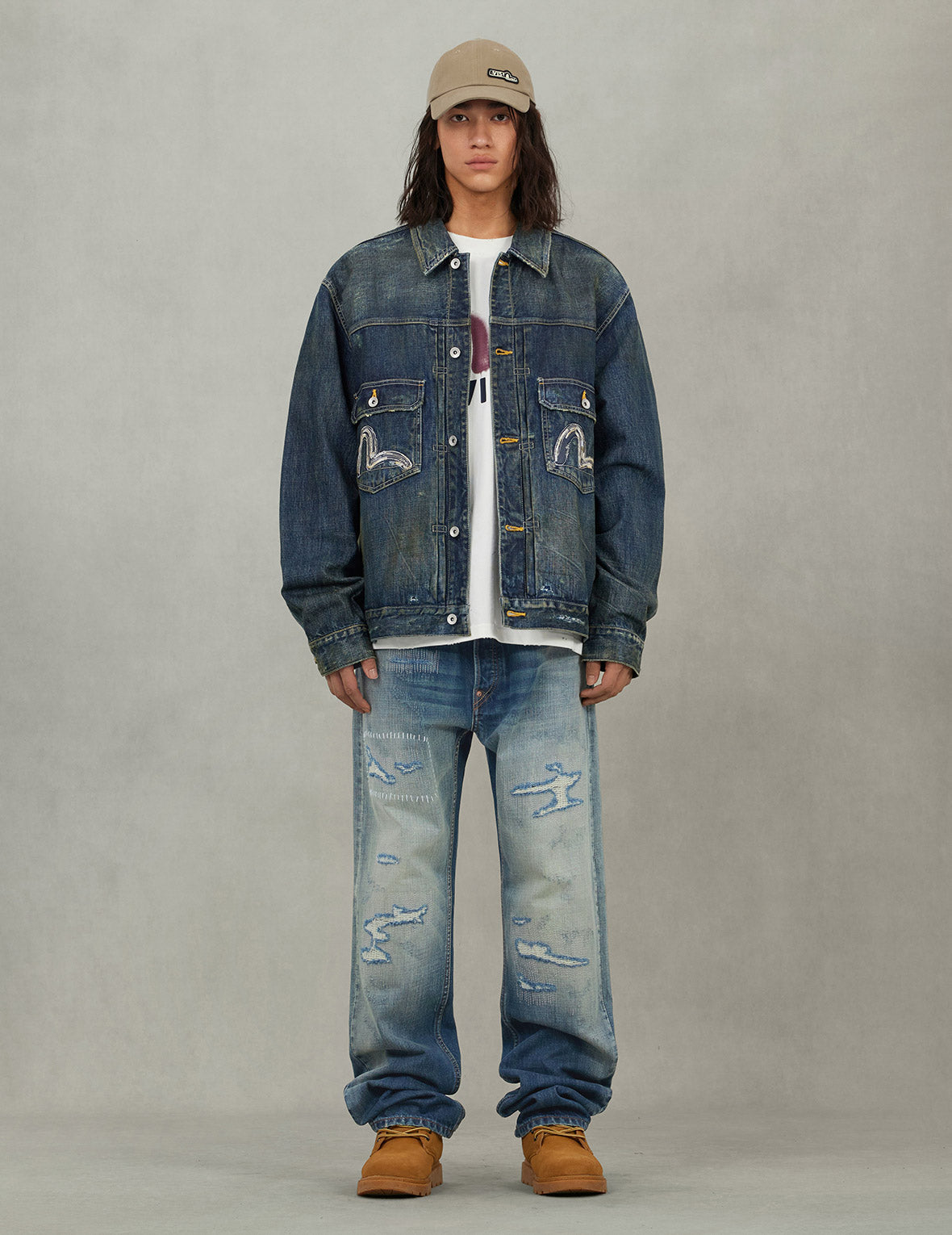 Washed Seagull Embroidery Relax Fit Denim Jacket