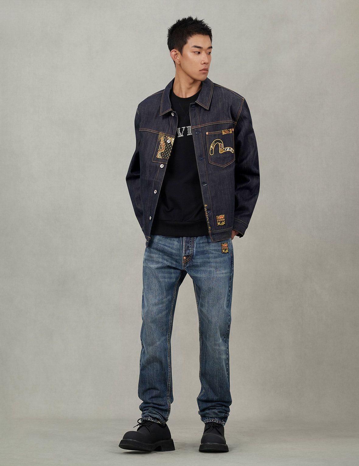 Multi-Pocket with Brocade Patch Relax Fit Denim Jacket – EVISU