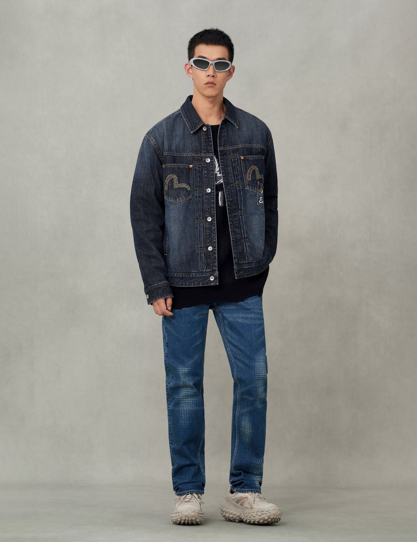 Washed Multi-Pocket with Lion Dance Print Relax Fit Denim Jacket