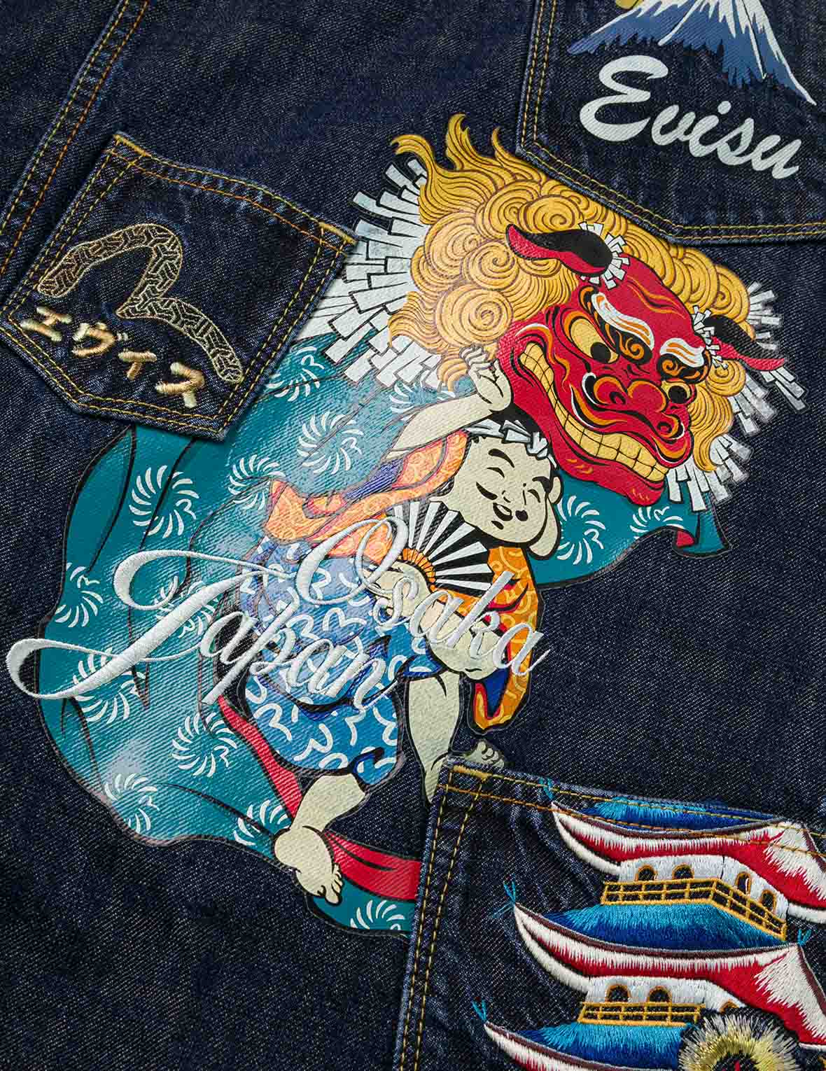 Washed Multi-Pocket with Lion Dance Print Relax Fit Denim Jacket