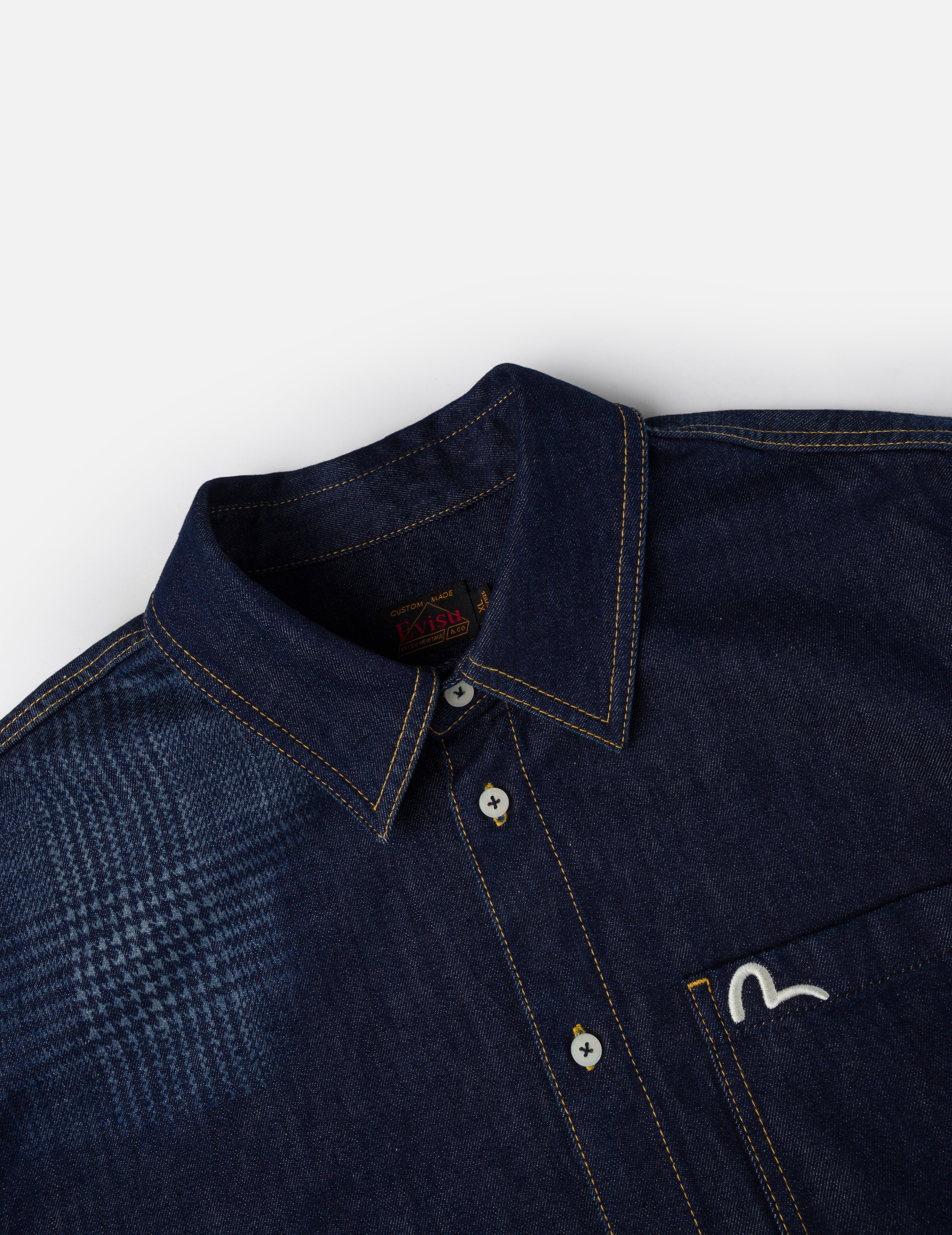 Handbrush Houndstooth Print Relax Fit Denim Shirt