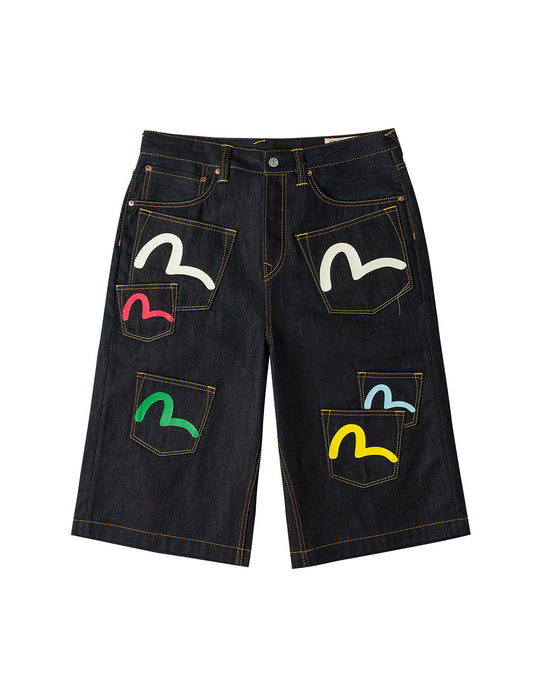 Seagull Print and Multi-Pocket Fashion Fit Denim Shorts
