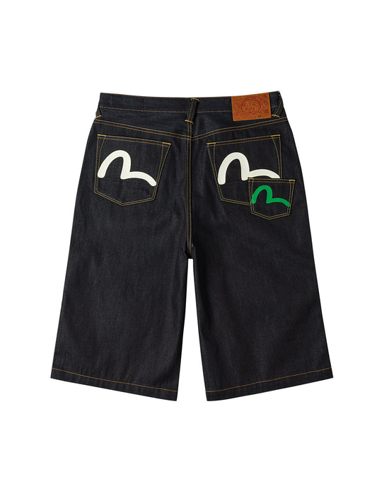 Seagull Print and Multi-Pocket Fashion Fit Denim Shorts