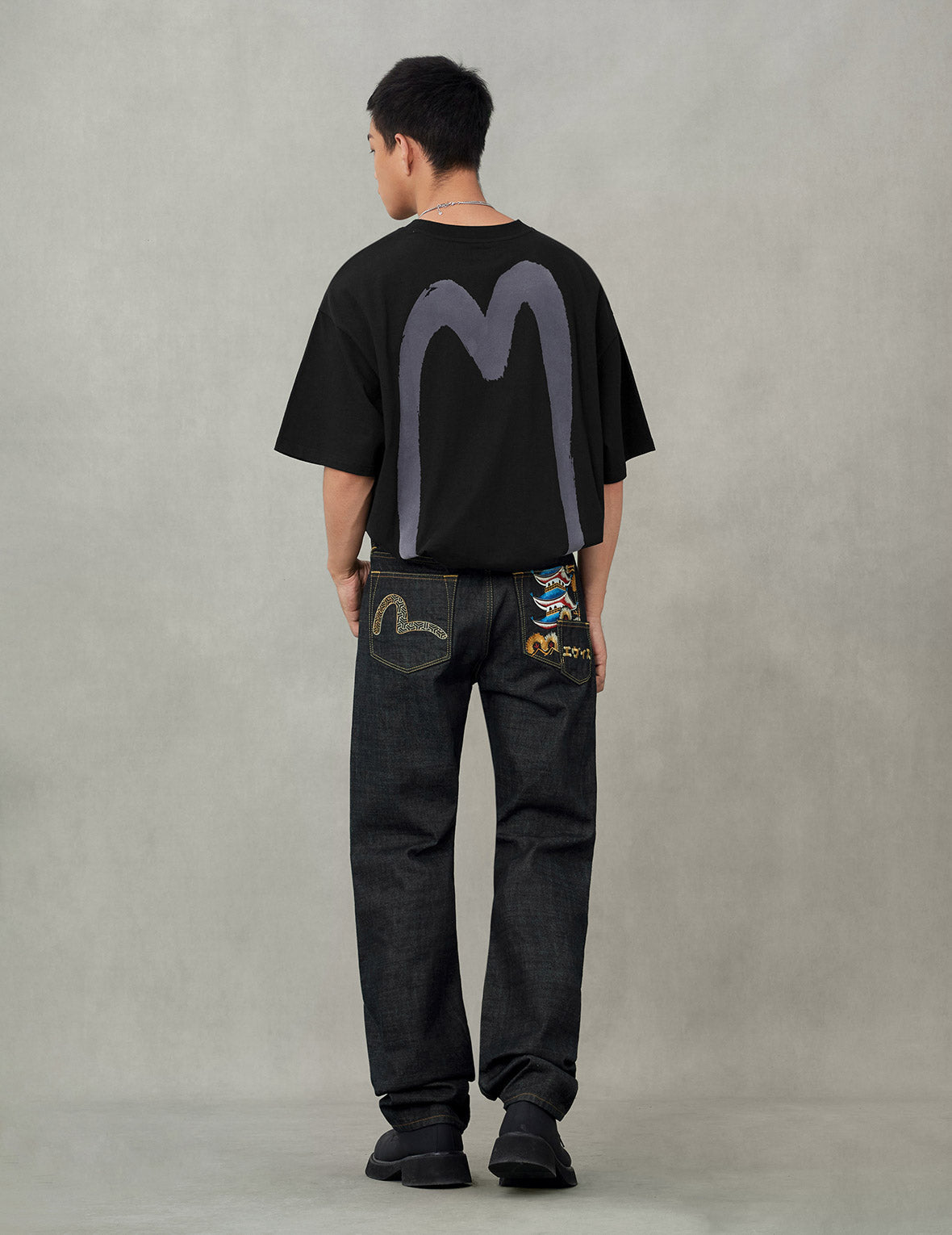 Seagull and Japanese Temple Embroidery Regular Fit Jeans #2020