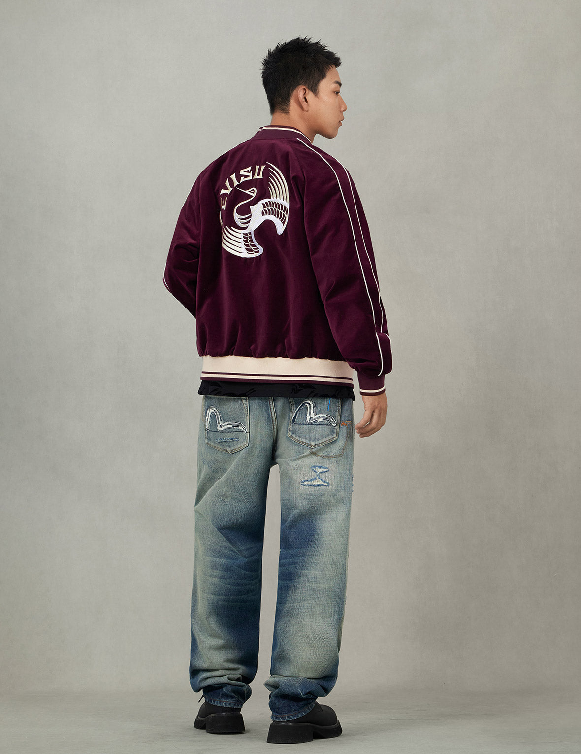reves paris スカジャン　L Crane and Logo Embroidery Regular Fit Reversible Bomber Jacket – EVISU