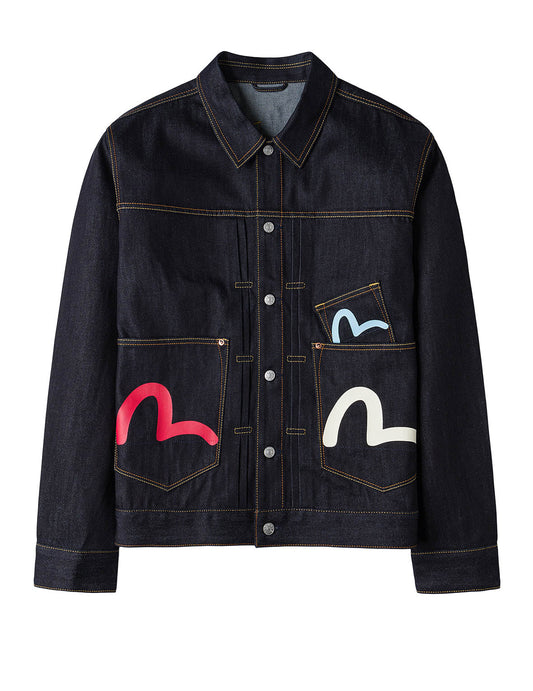 Seagull Print and Multi-Pocket Relax Fit Denim Jacket