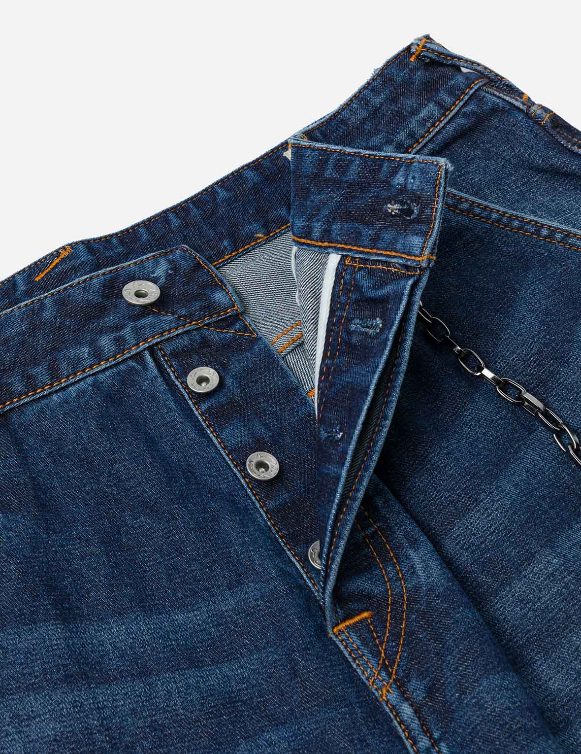 Multi-pocket and Seagull Crane Print Loose Fit Washed Denim Joggers