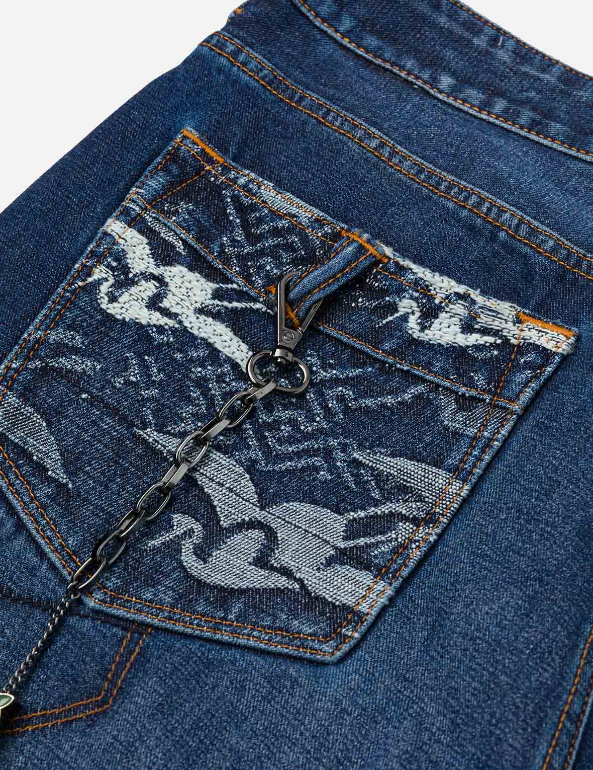 Multi-pocket and Seagull Crane Print Loose Fit Washed Denim Joggers