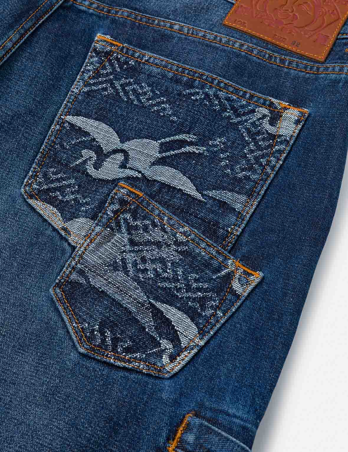 Multi-pocket and Seagull Crane Print Loose Fit Washed Denim Joggers