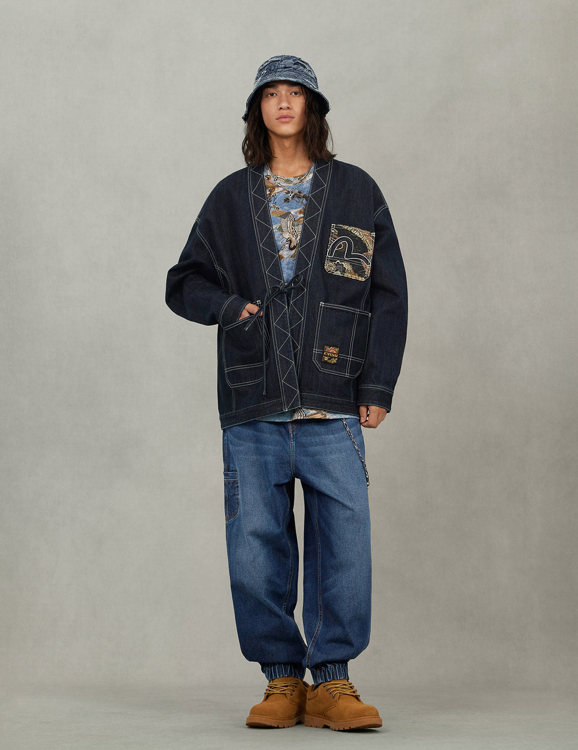 Multi-Pocket with Brocade Patch Relax Fit Denim Kimono