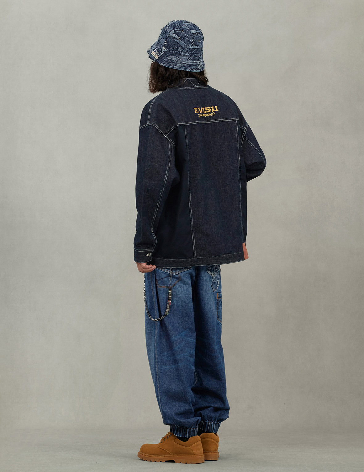 Multi-Pocket with Brocade Patch Relax Fit Denim Kimono