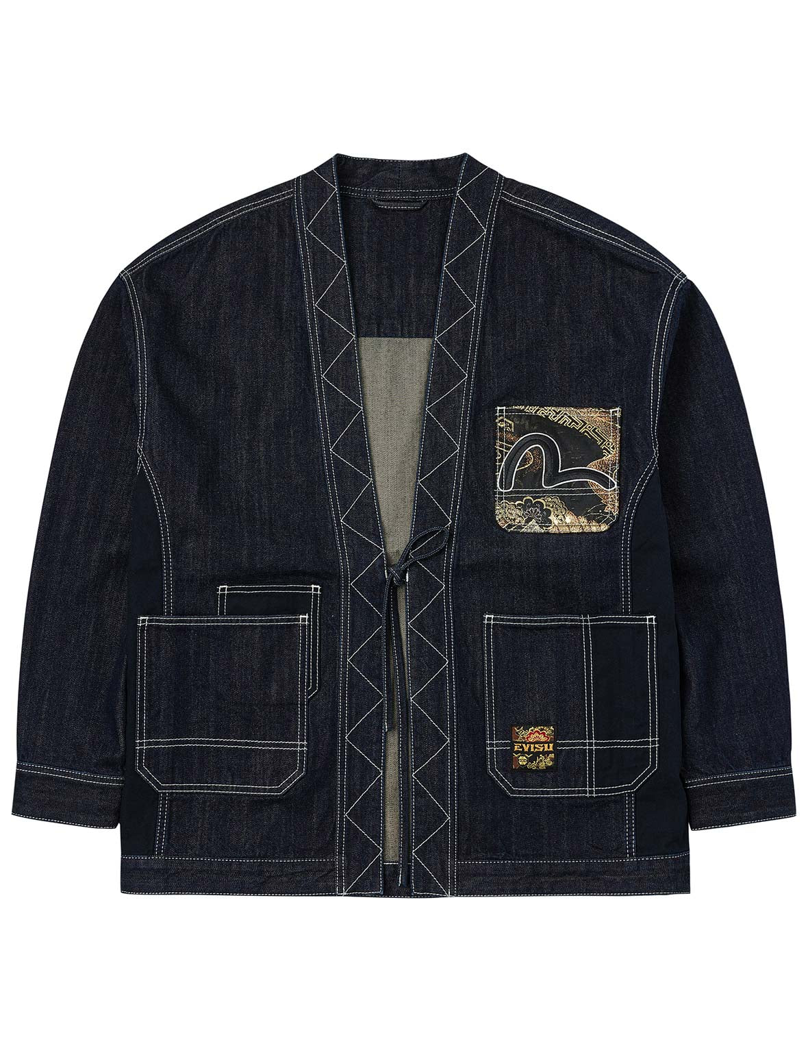 Multi-Pocket with Brocade Patch Relax Fit Denim Kimono