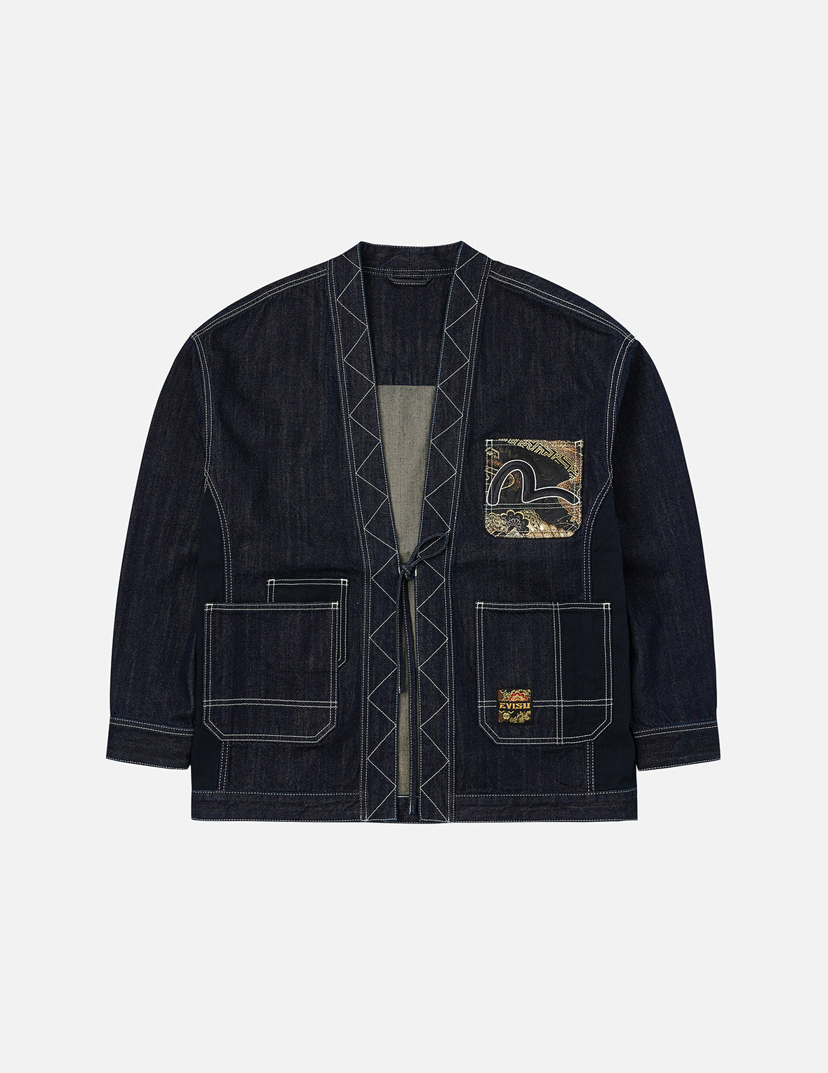 Multi-Pocket with Brocade Patch Relax Fit Denim Kimono