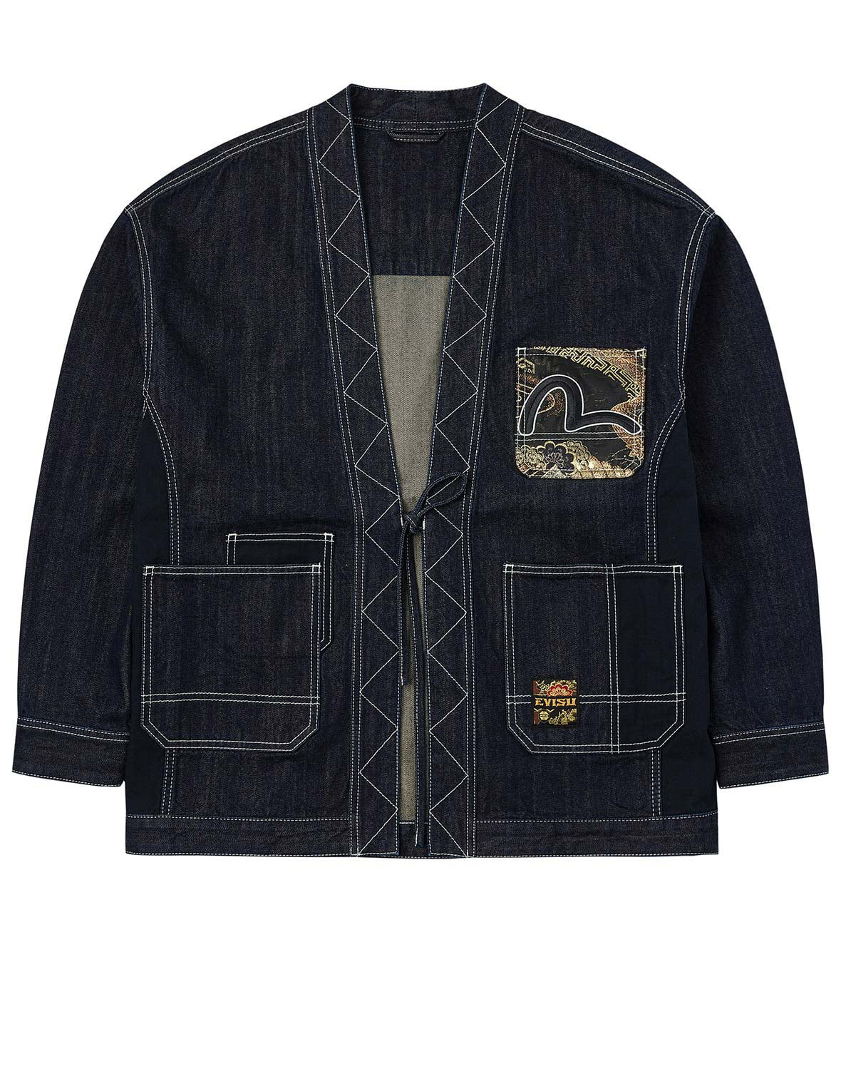 Multi-Pocket with Brocade Patch Relax Fit Denim Kimono
