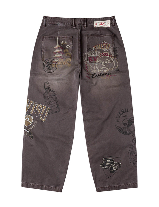 Multi Logos Print Balloon Fit Washed Woven Pants