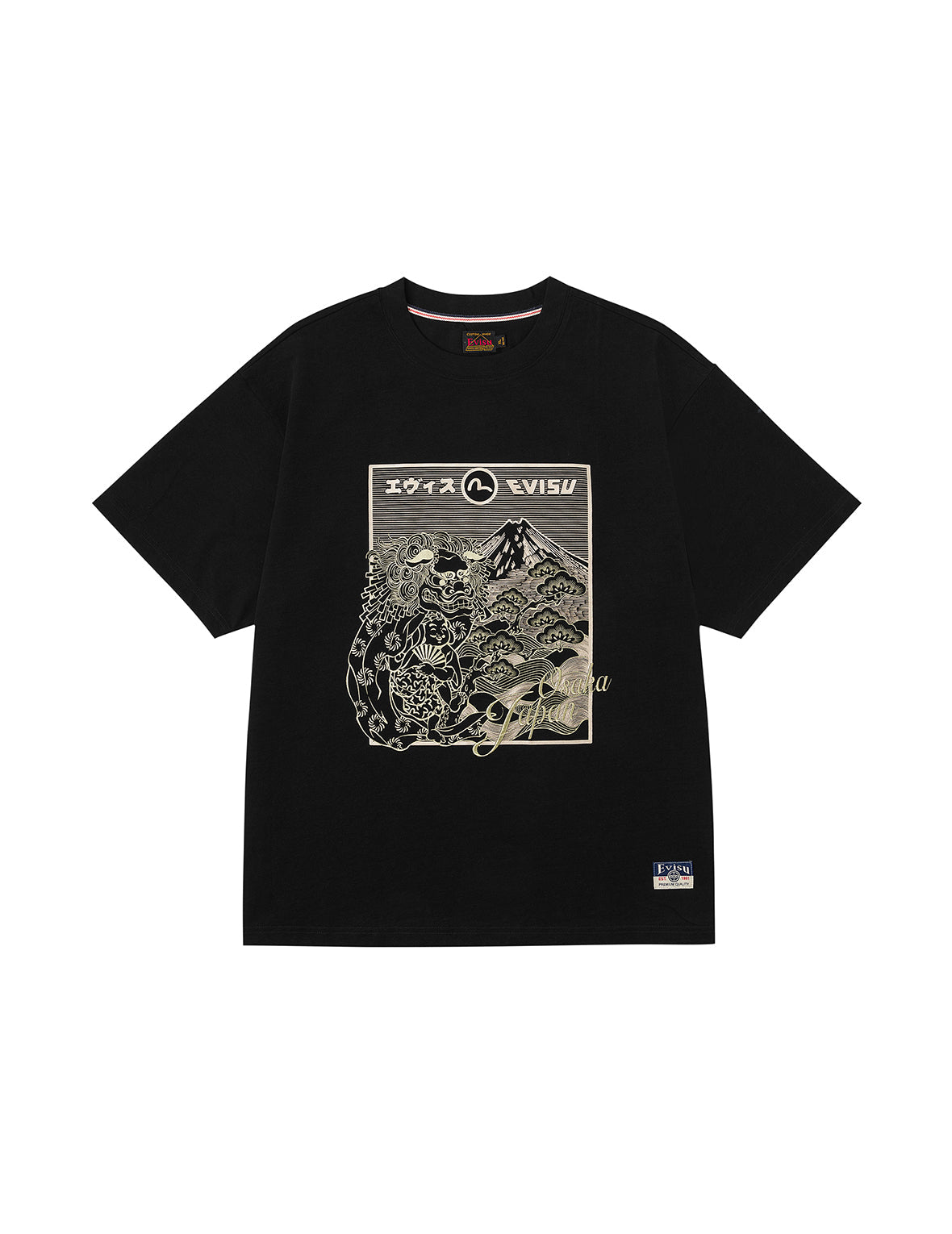 佛头舞狮和山脉刺绣宽版休闲T恤