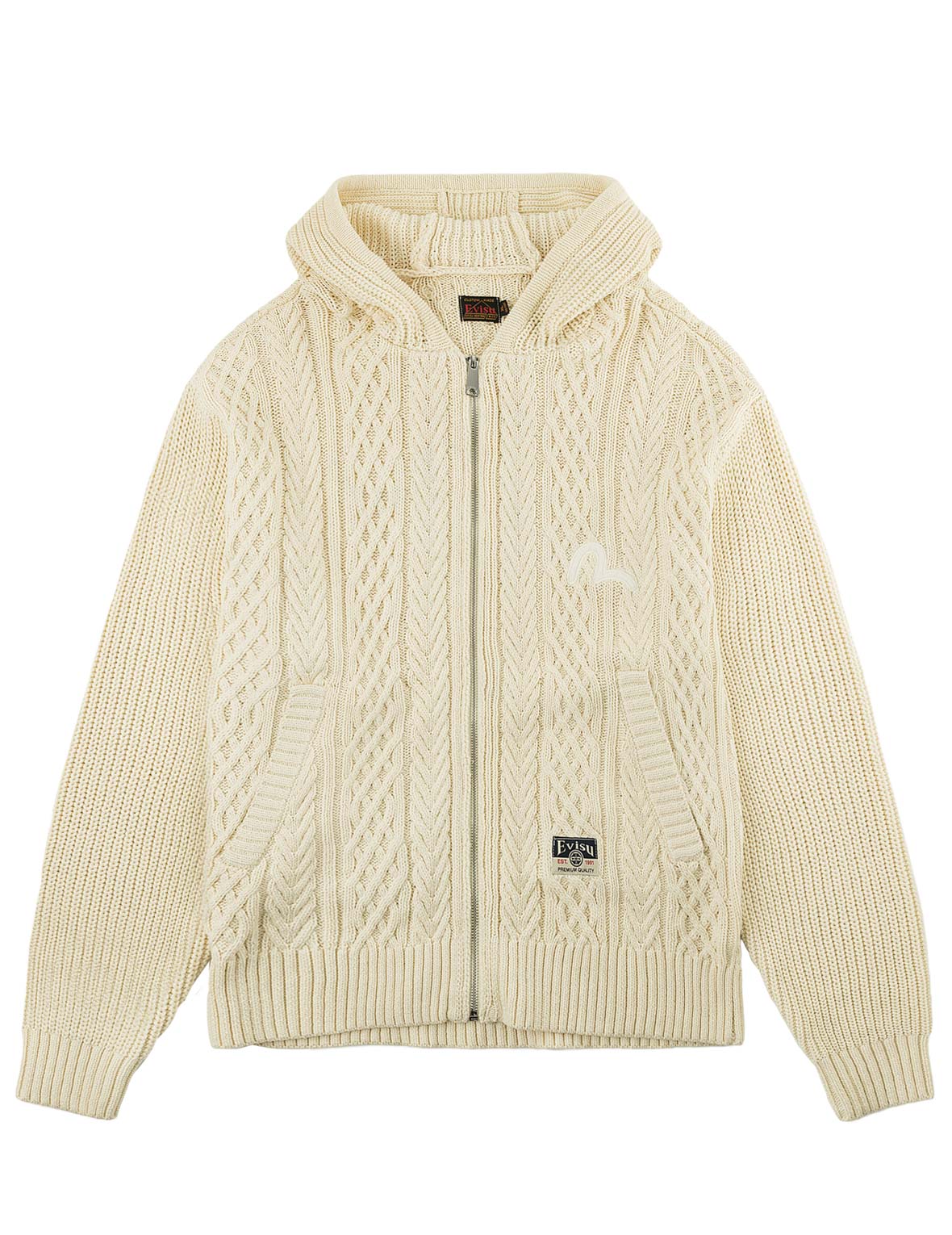 Evisu Logo Cable Knit Zip Hoodie Cardigan