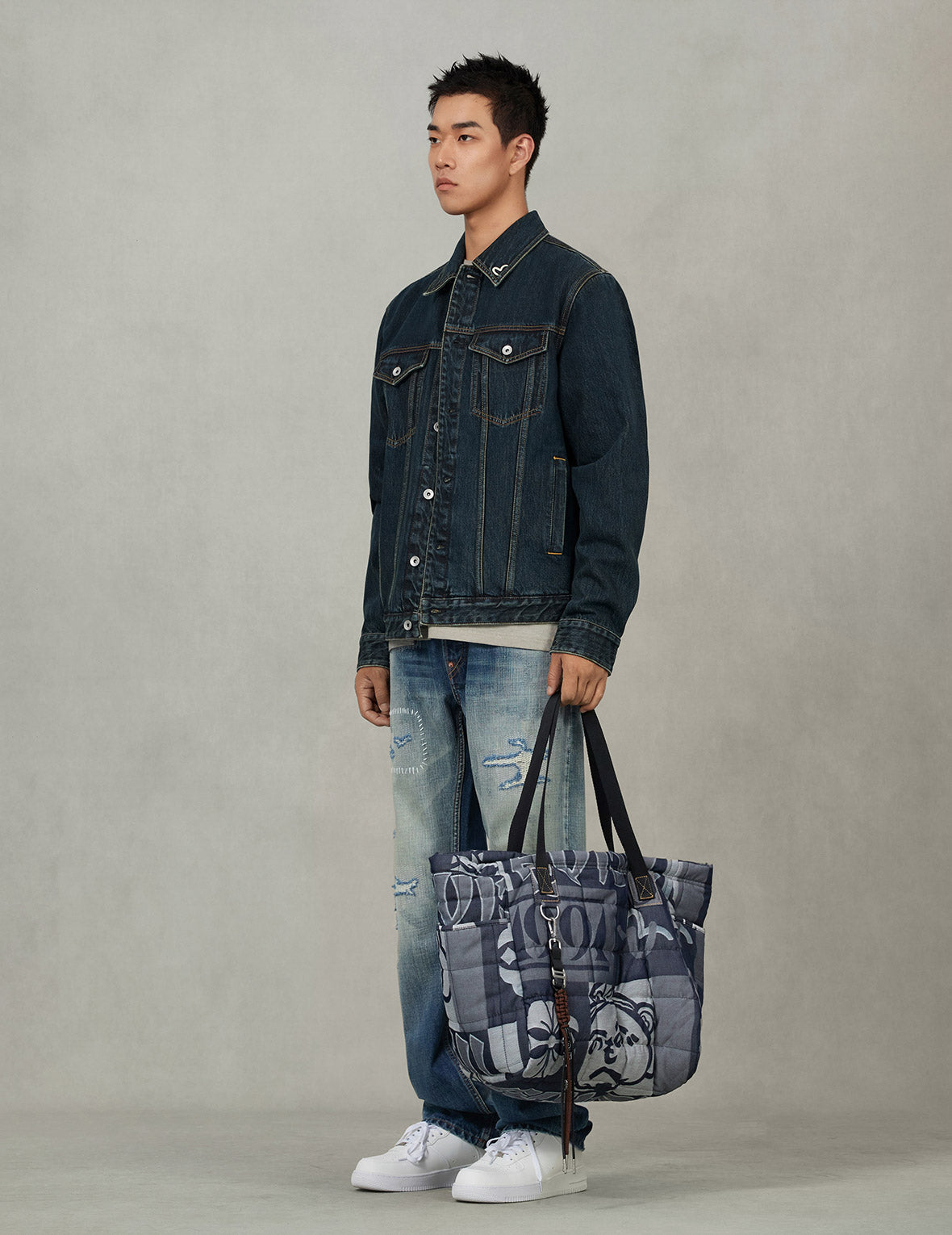Allover Logo Jacquard Print Denim Tote Bag