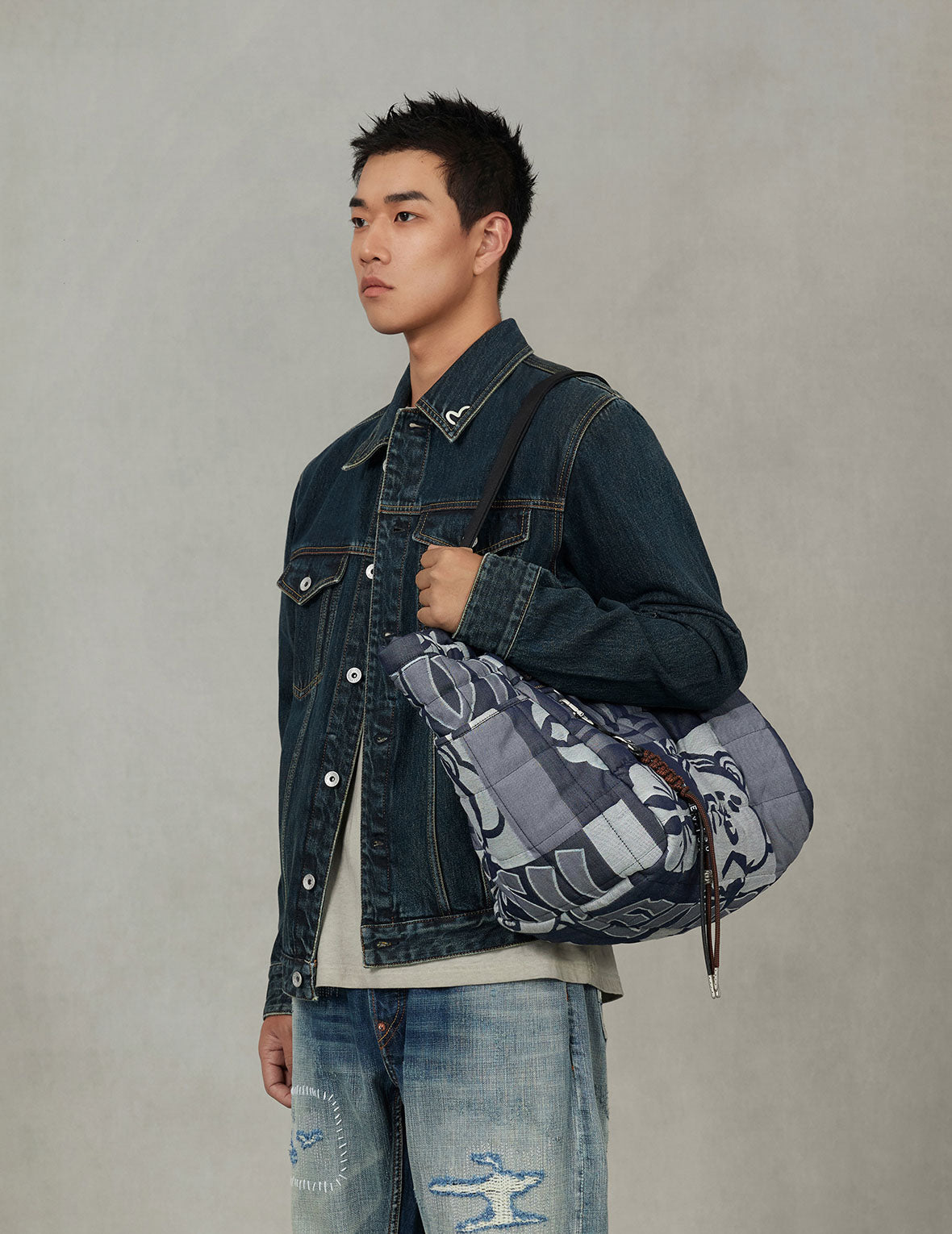 Allover Logo Jacquard Print Denim Tote Bag