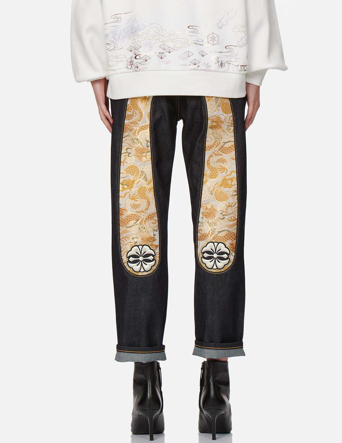 龙纹织锦大M嵌条男友款牛仔裤– EVISU