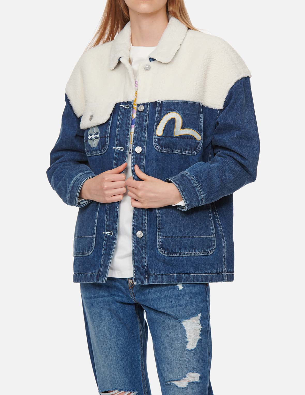 Kamon Print Sherpa Mixed Denim Shirt Jacket