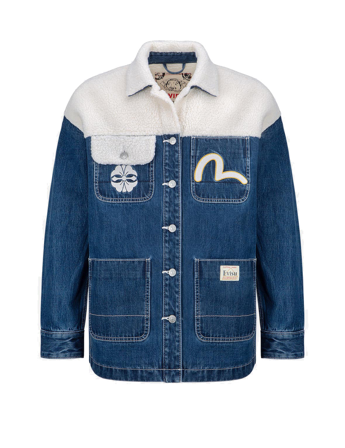 Kamon Print Sherpa Mixed Denim Shirt Jacket