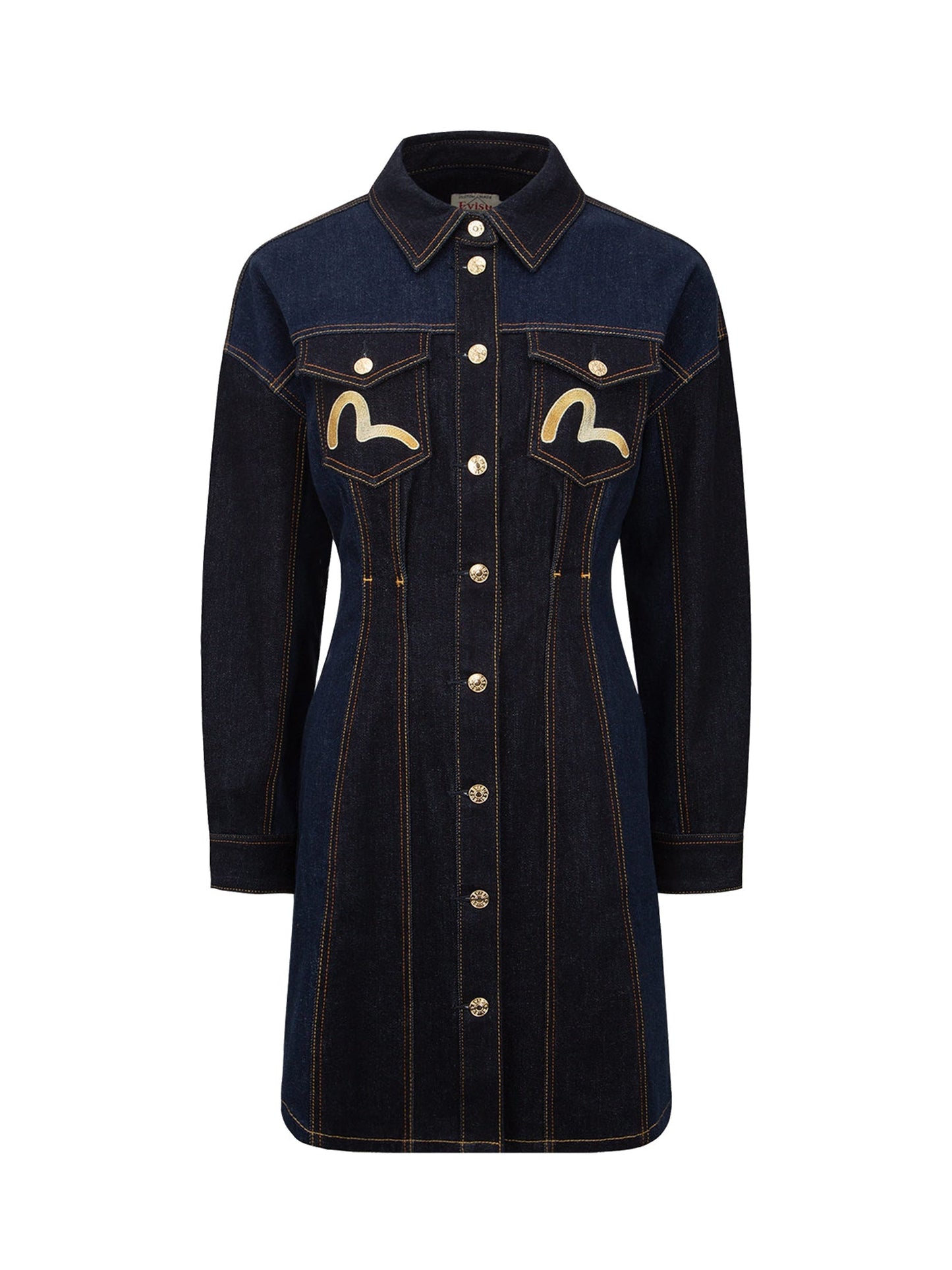 Seagull and Kamon Embroidery Denim Blocking Dress