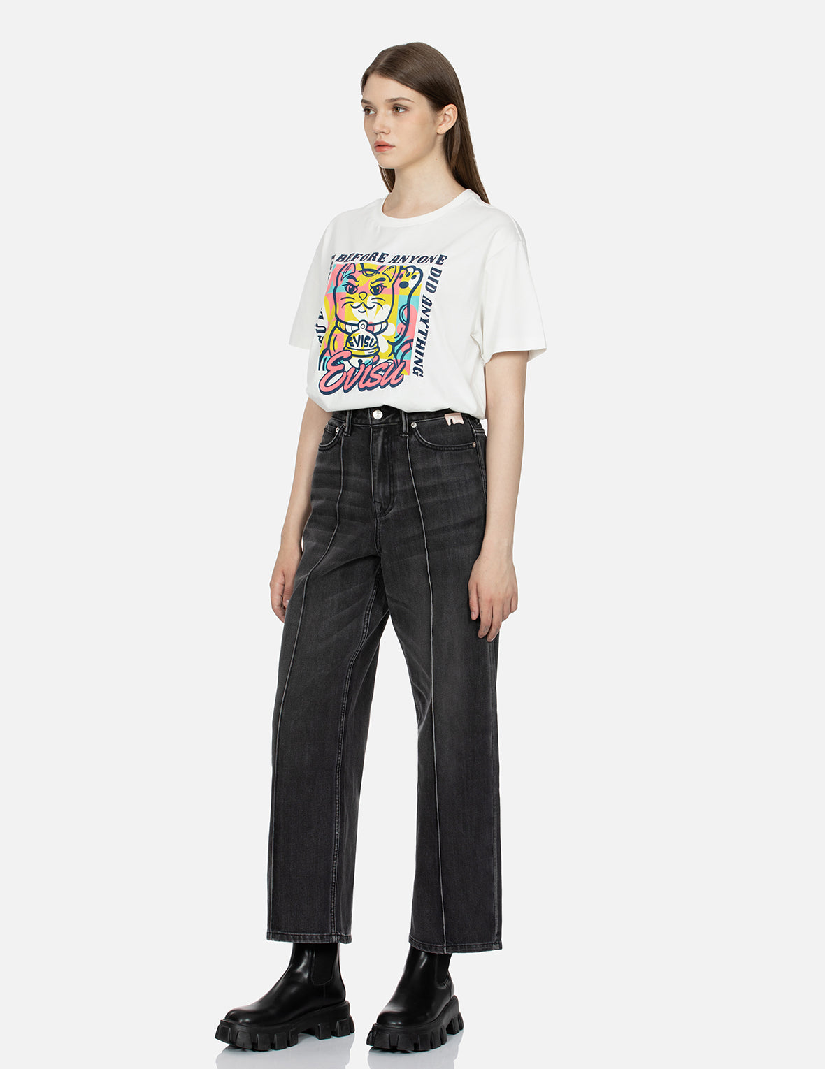 Seagull Embroidery with Logo-pattern Pocket Wide-leg Denim Jeans