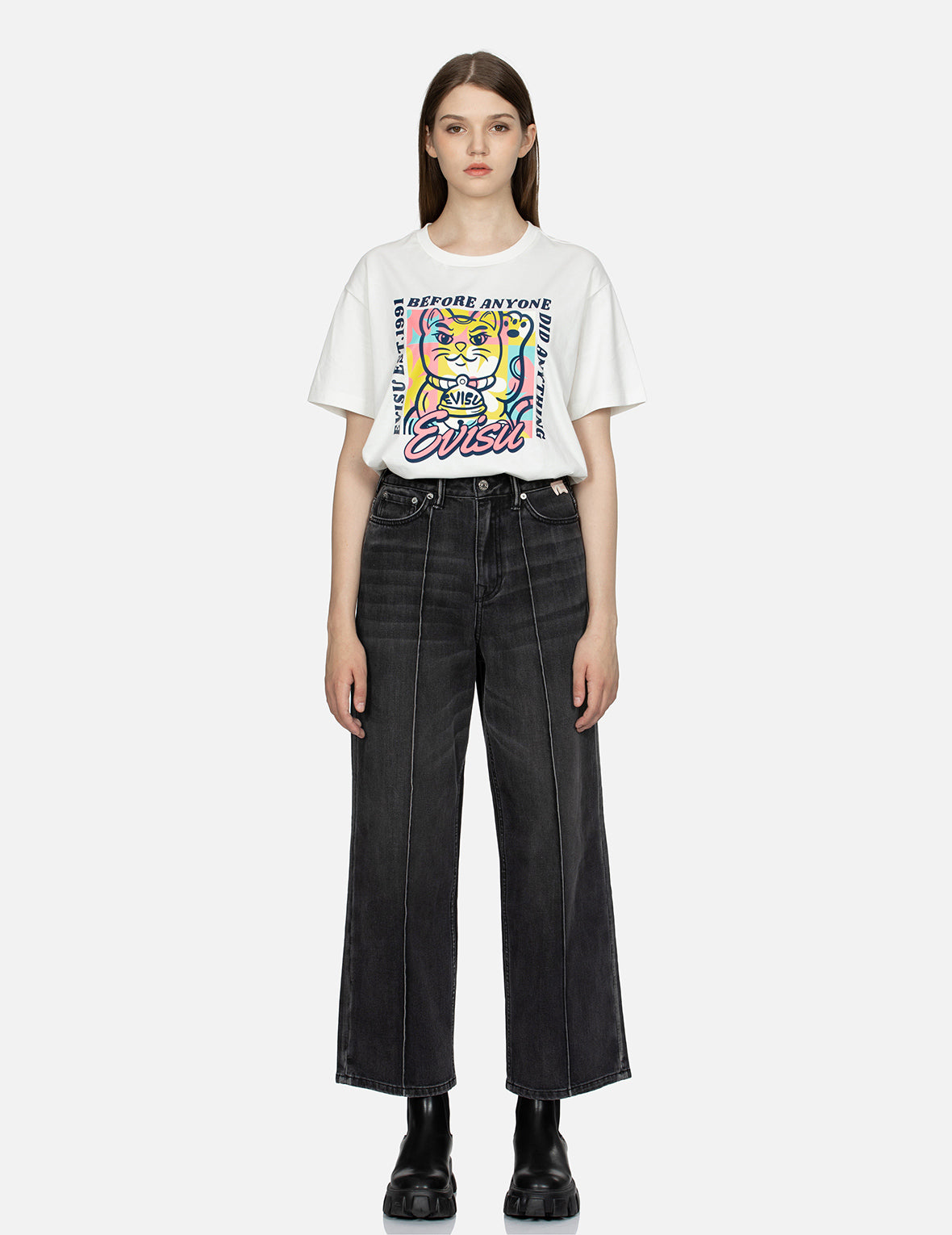 Seagull Embroidery with Logo-pattern Pocket Wide-leg Denim Jeans