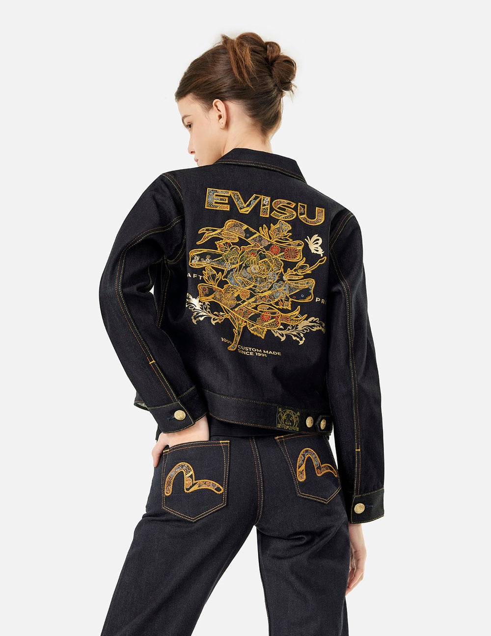 Brocade Rose and Logo Embroidery Regular Fit Denim Jacket – EVISU