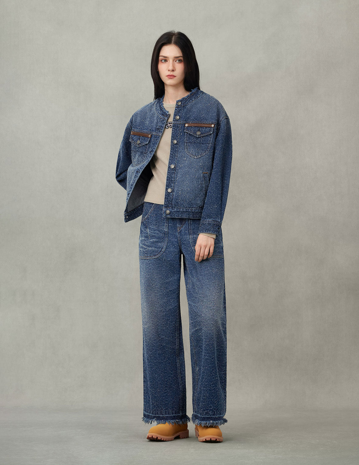Leather Trim Fashion Fit Collarless Denim Jacket