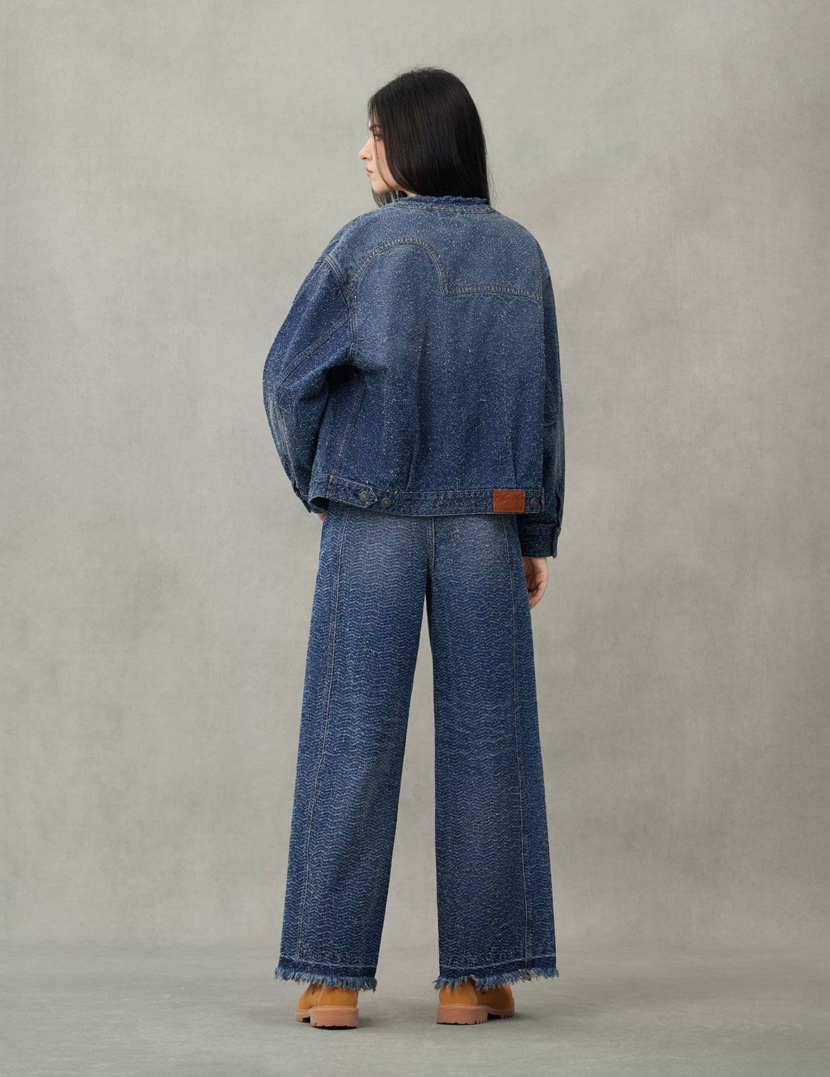 Leather Trim Fashion Fit Collarless Denim Jacket