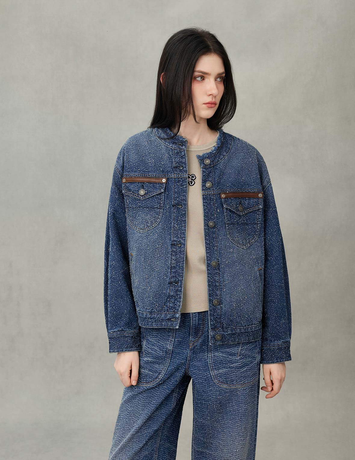 Leather Trim Fashion Fit Collarless Denim Jacket