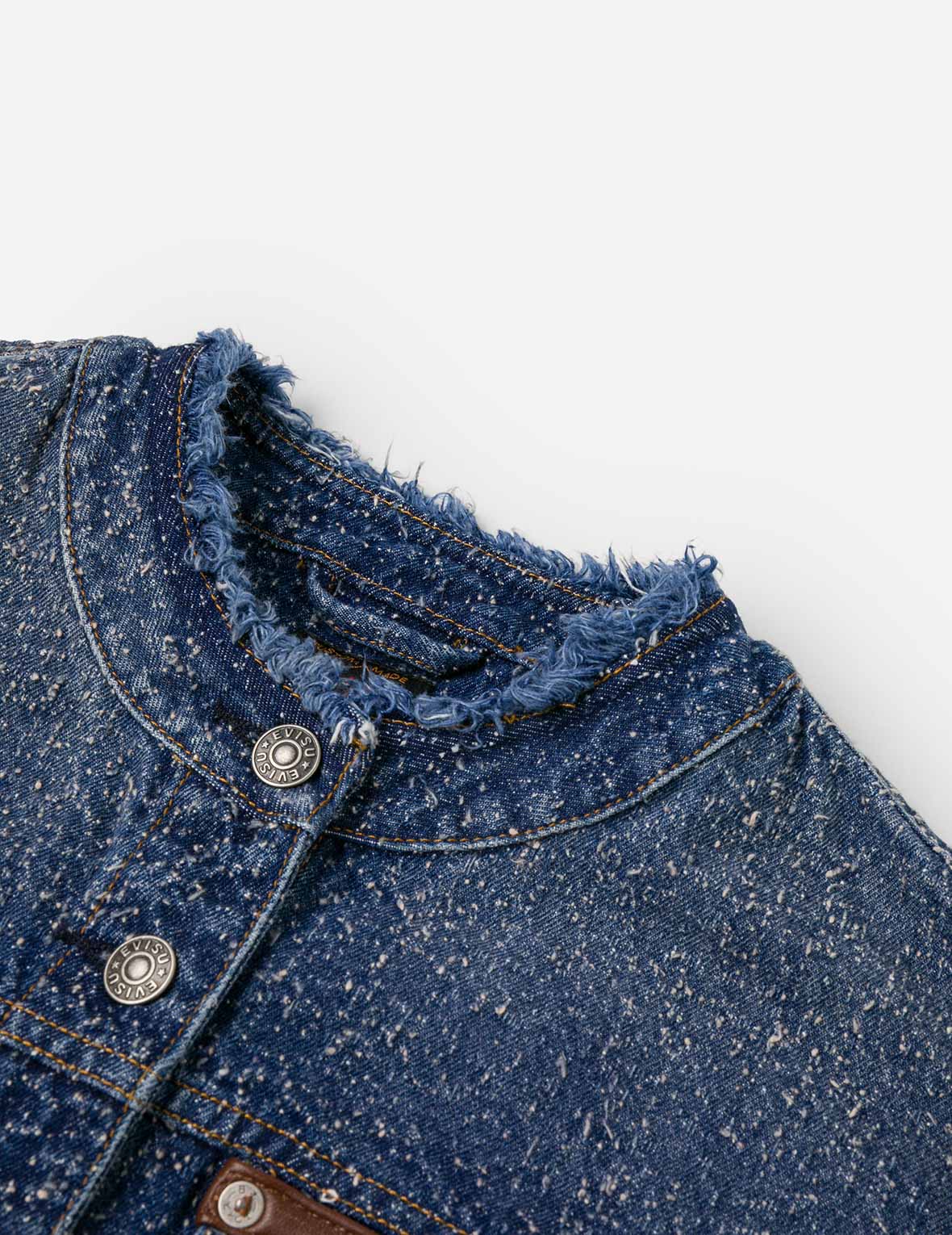Leather Trim Fashion Fit Collarless Denim Jacket