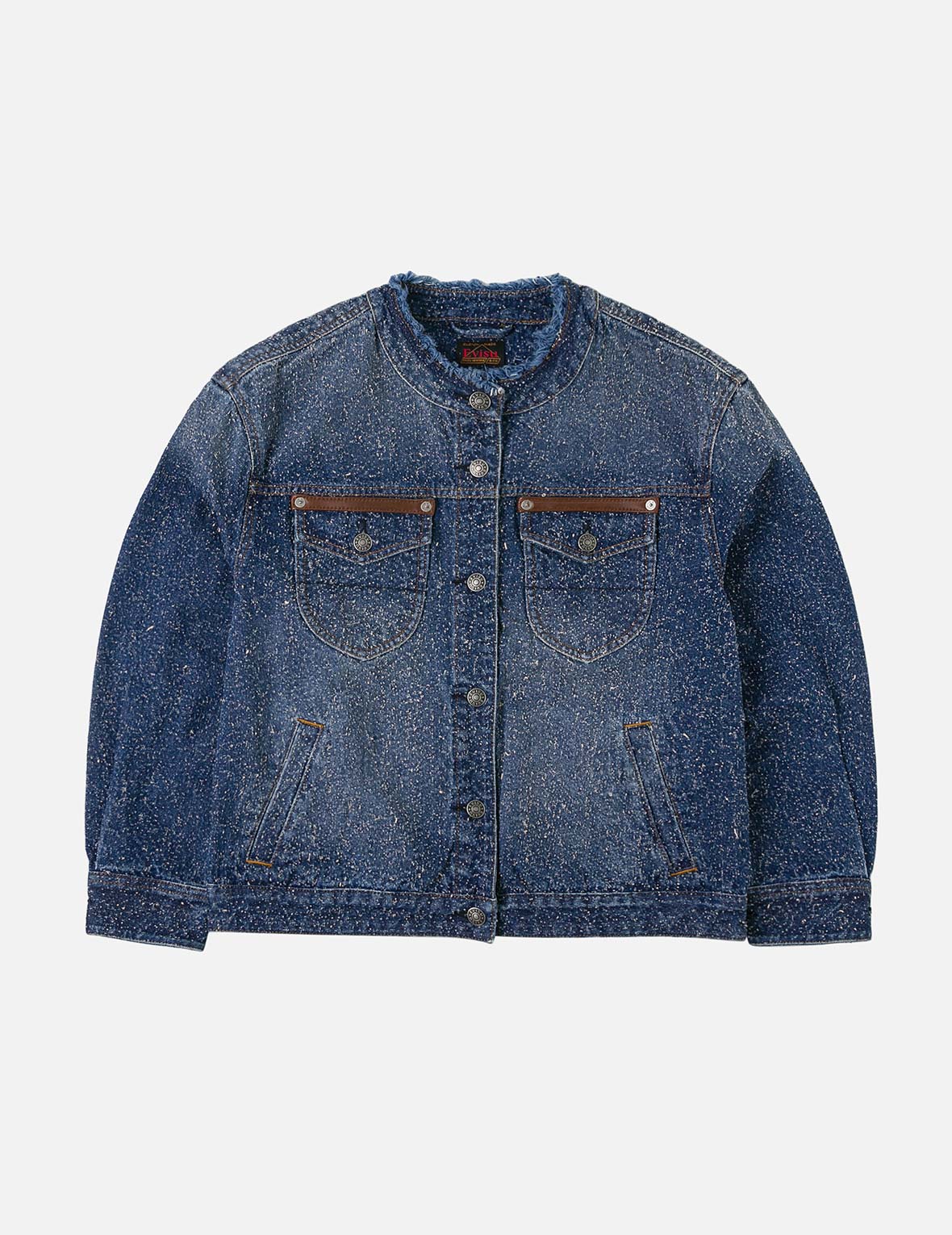 Leather Trim Fashion Fit Collarless Denim Jacket
