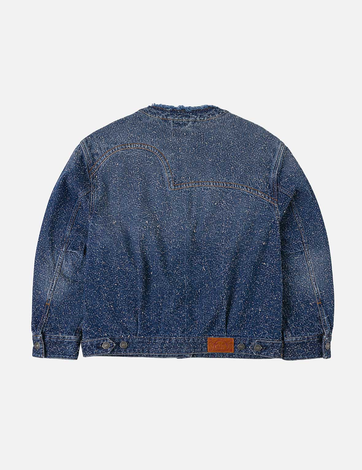 Leather Trim Fashion Fit Collarless Denim Jacket