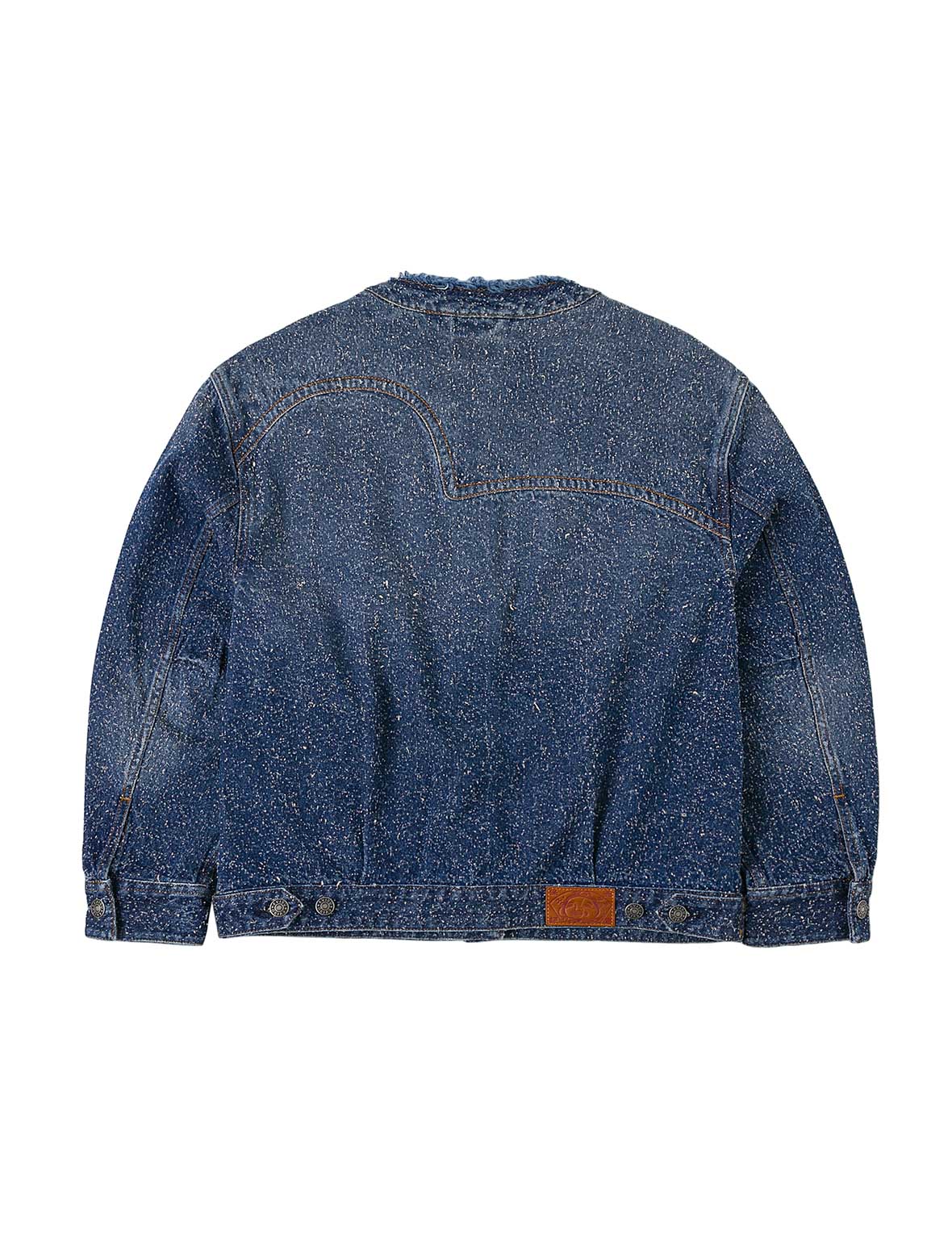 Leather Trim Fashion Fit Collarless Denim Jacket