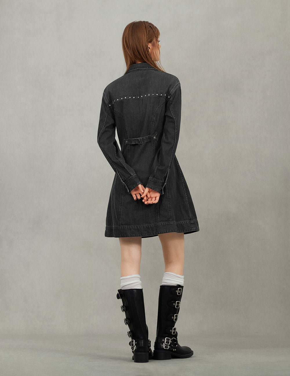 Seagull Embroidery with Studs Fashion Fit Denim Zipper Dress Black / M