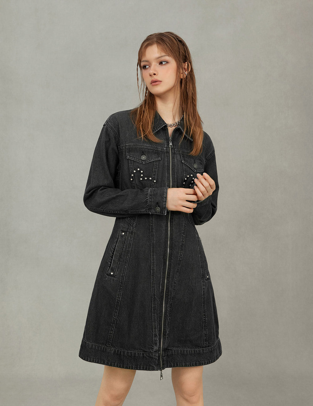 Seagull Embroidery with Studs Fashion Fit Denim Zipper Dress  EVISU