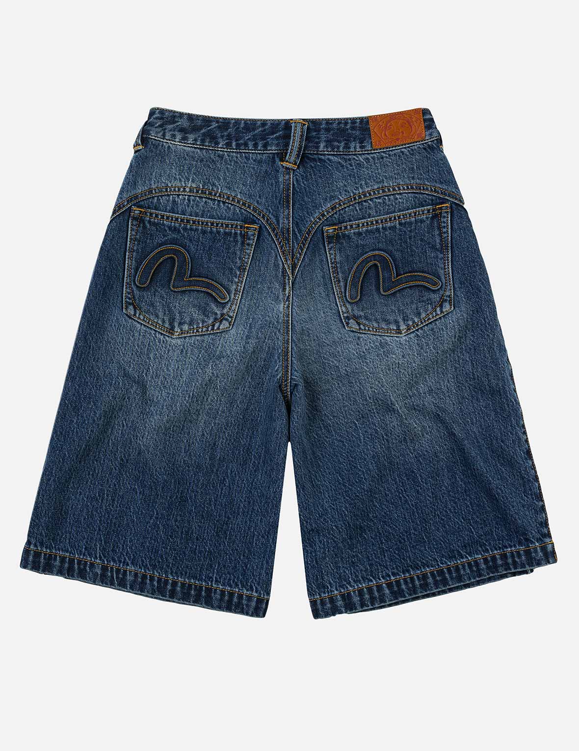 Seagull Embossed Fashion Fit Pleated Denim Shorts