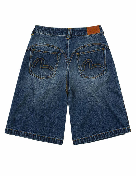 Seagull Embossed Fashion Fit Pleated Denim Shorts