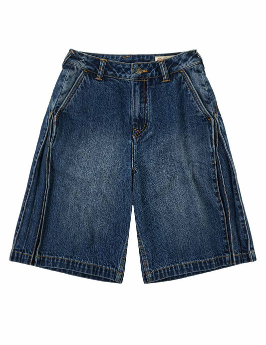 Seagull Embossed Fashion Fit Pleated Denim Shorts