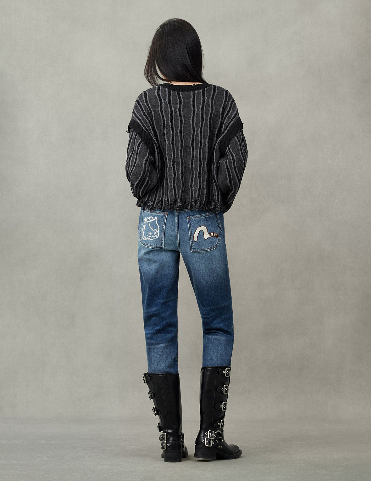 Hollow Fuzzy Cat and Seagull Embroidery Relax Fit Jeans – EVISU