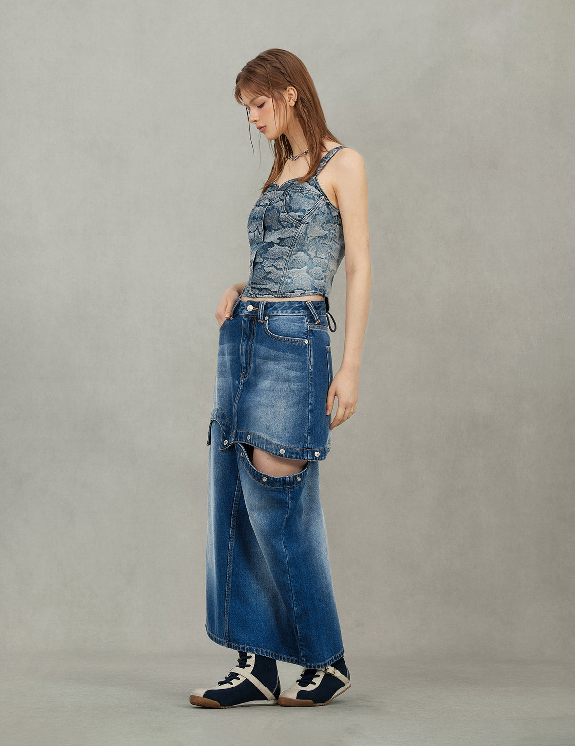 Logo Print Fashion Fit Detachable Denim Skirt