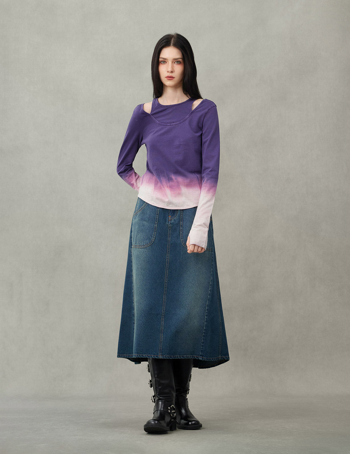 Slogan Print Fashion Fit Washed Denim A-line Skirt