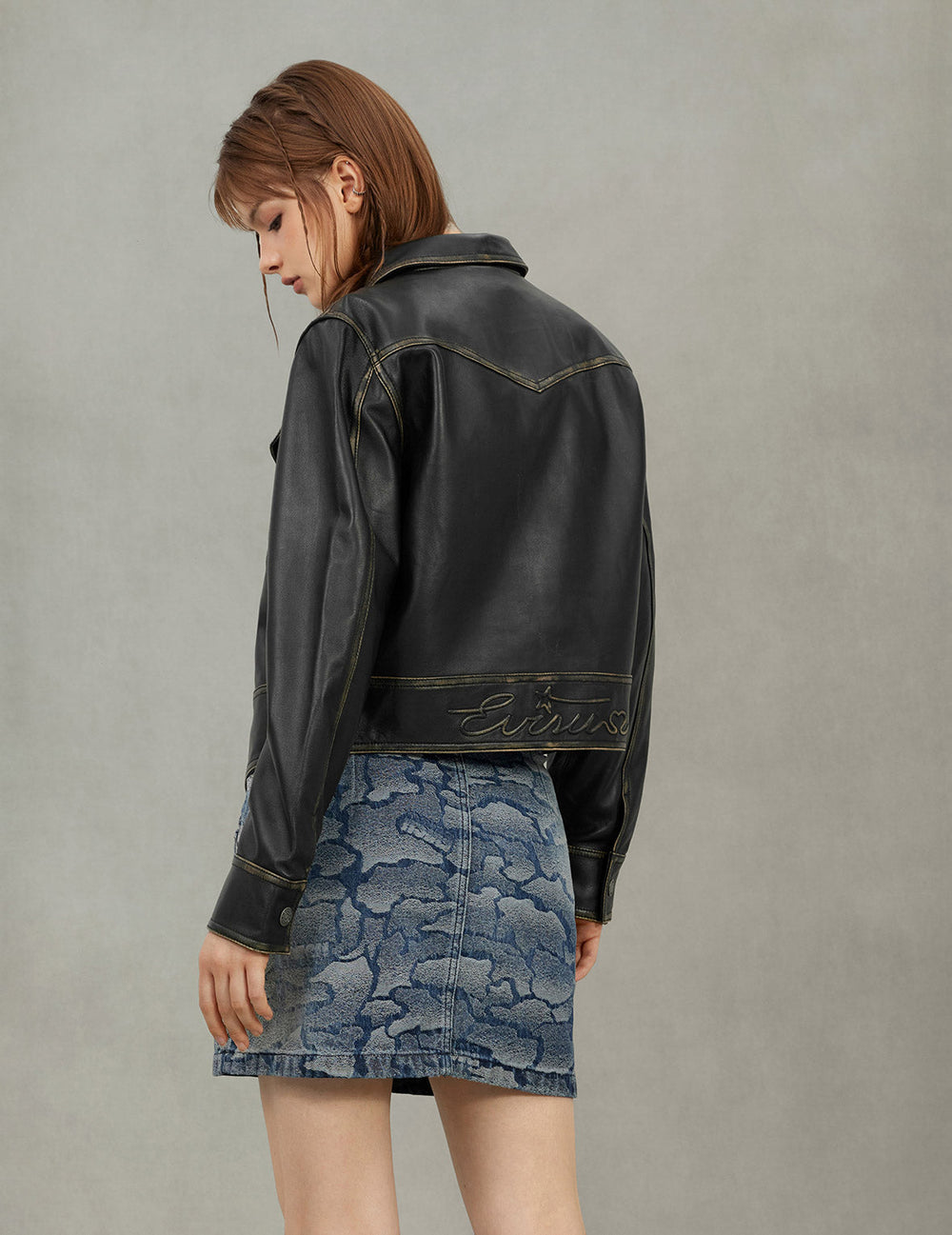 Logo Embossed Cropped Leather Jacket – EVISU