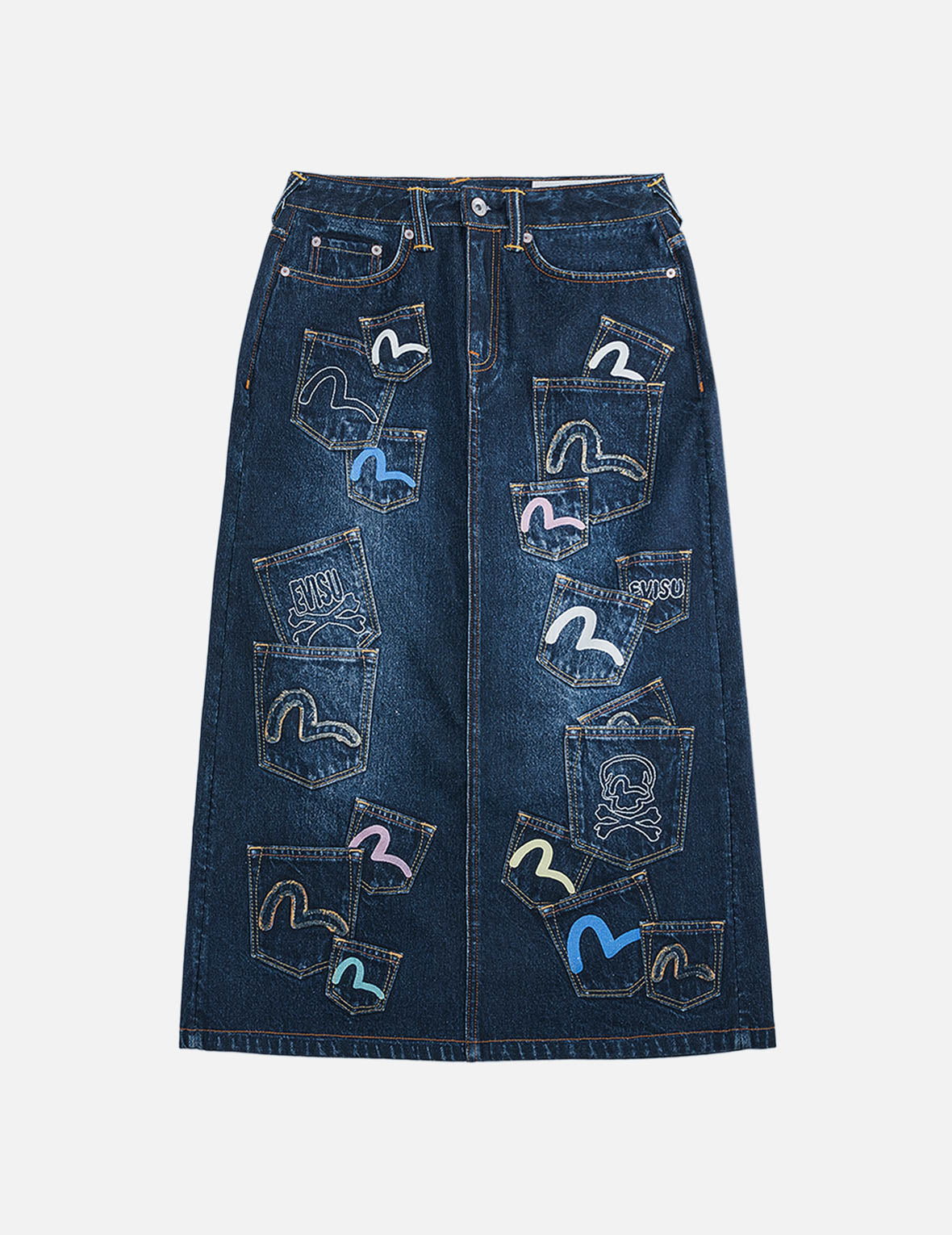 Multi-Pocket Seagull Denim Maxi Skirt