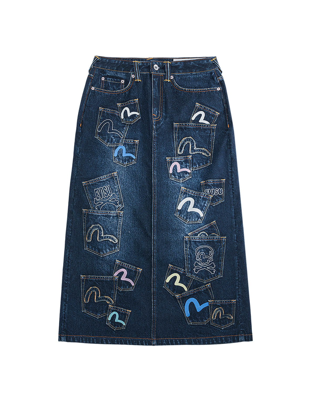 Multi-Pocket Seagull Denim Maxi Skirt