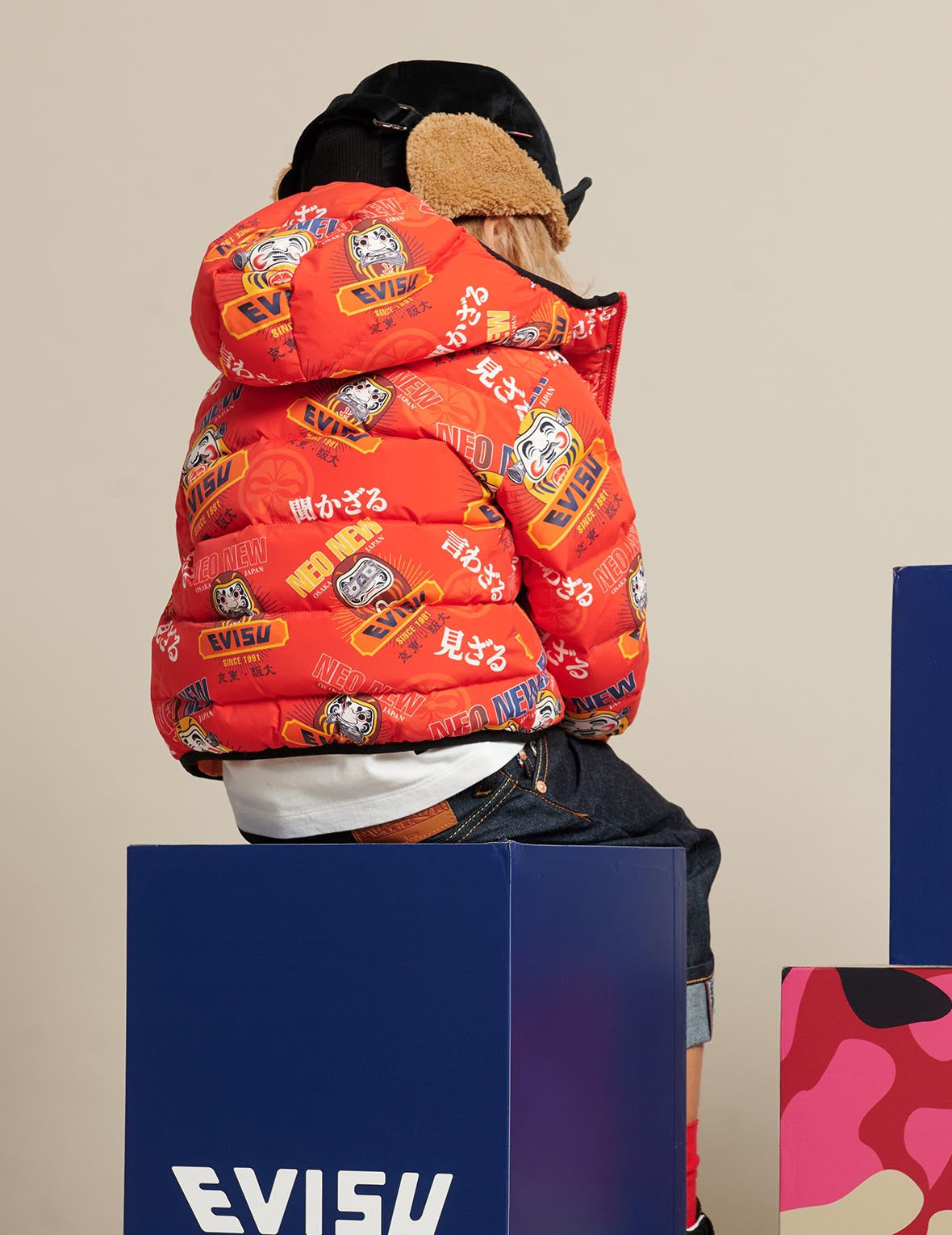 Allover Daruma Print Down Jacket